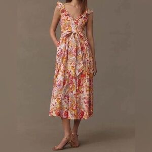 BHLDN Women’s Sadie Anthropologie V-Neck Fit & Flare Linen Floral Midi Dress S